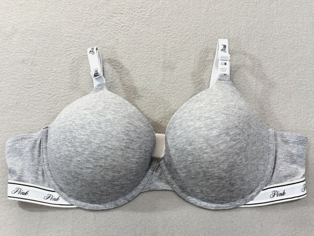 PINK Victoria's Secret Bra Wear Everywhere T-Shirt Lightly Lined Gray Logo 42B